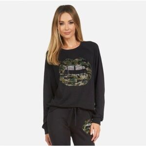 Lauren Moshi Black Camo Lips Crystal Studs Sweatshirt Top Size Medium